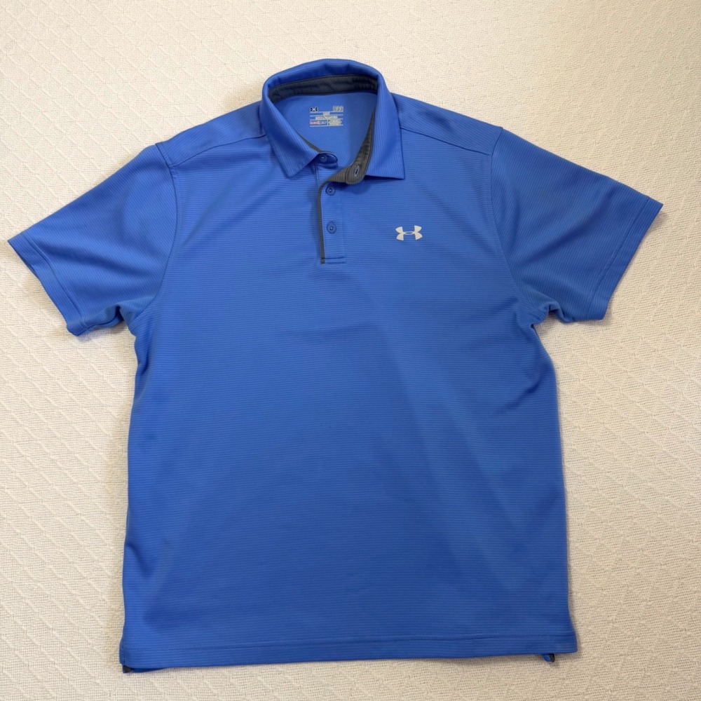 Under Armour HeatGear Mens Blue Striped Loose Fit Golf Polo Shirt Large